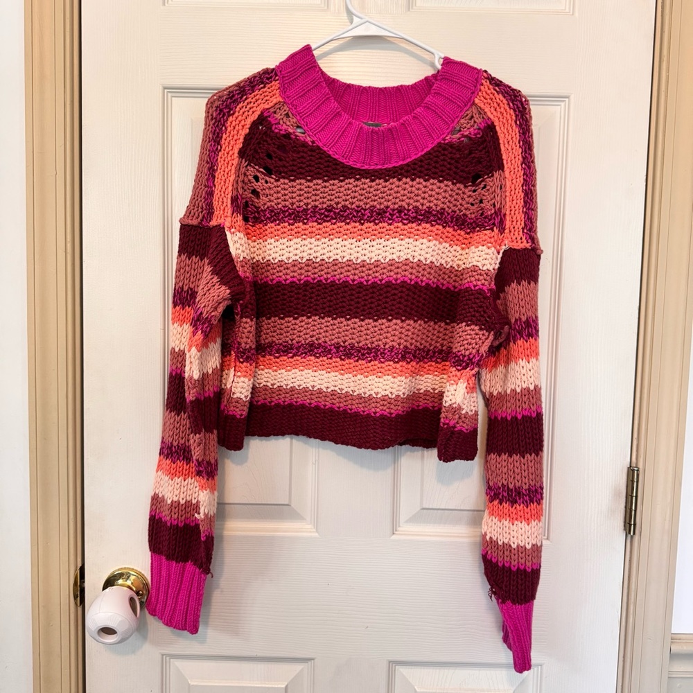 Free People Devon Crop Sweater Fuchsia Rose Stripe Women’s Size Medium Knit Top